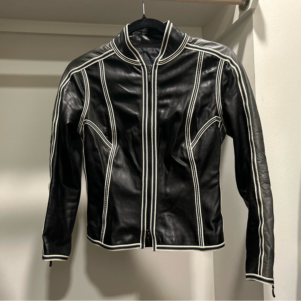 Giorgio Armani Black and White Leather Jacket with Sporty Stripes